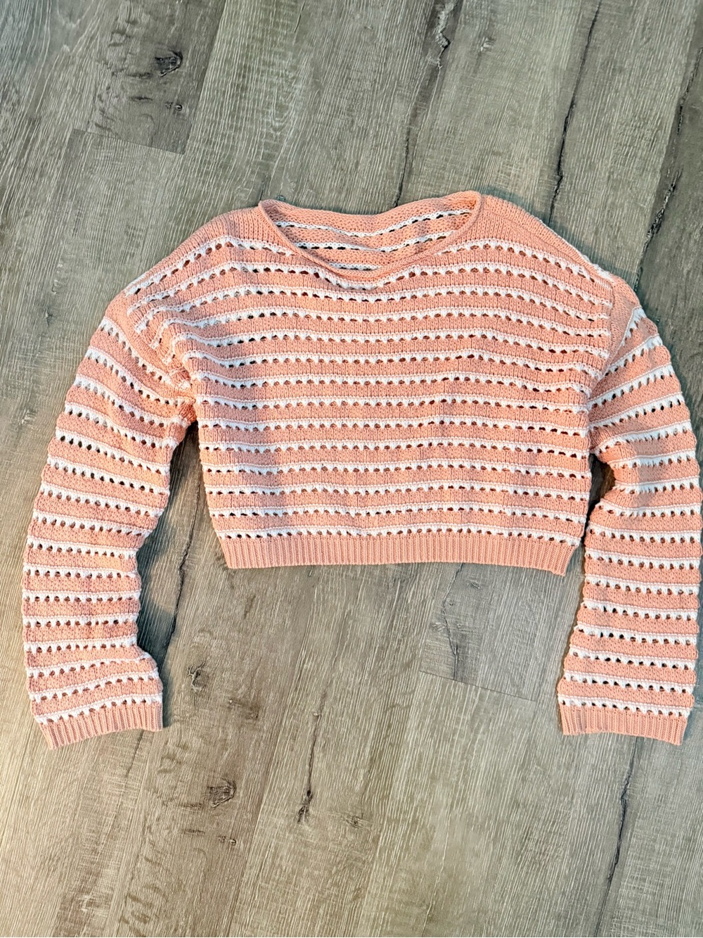Peach & White Open Knit Cropped Sweater